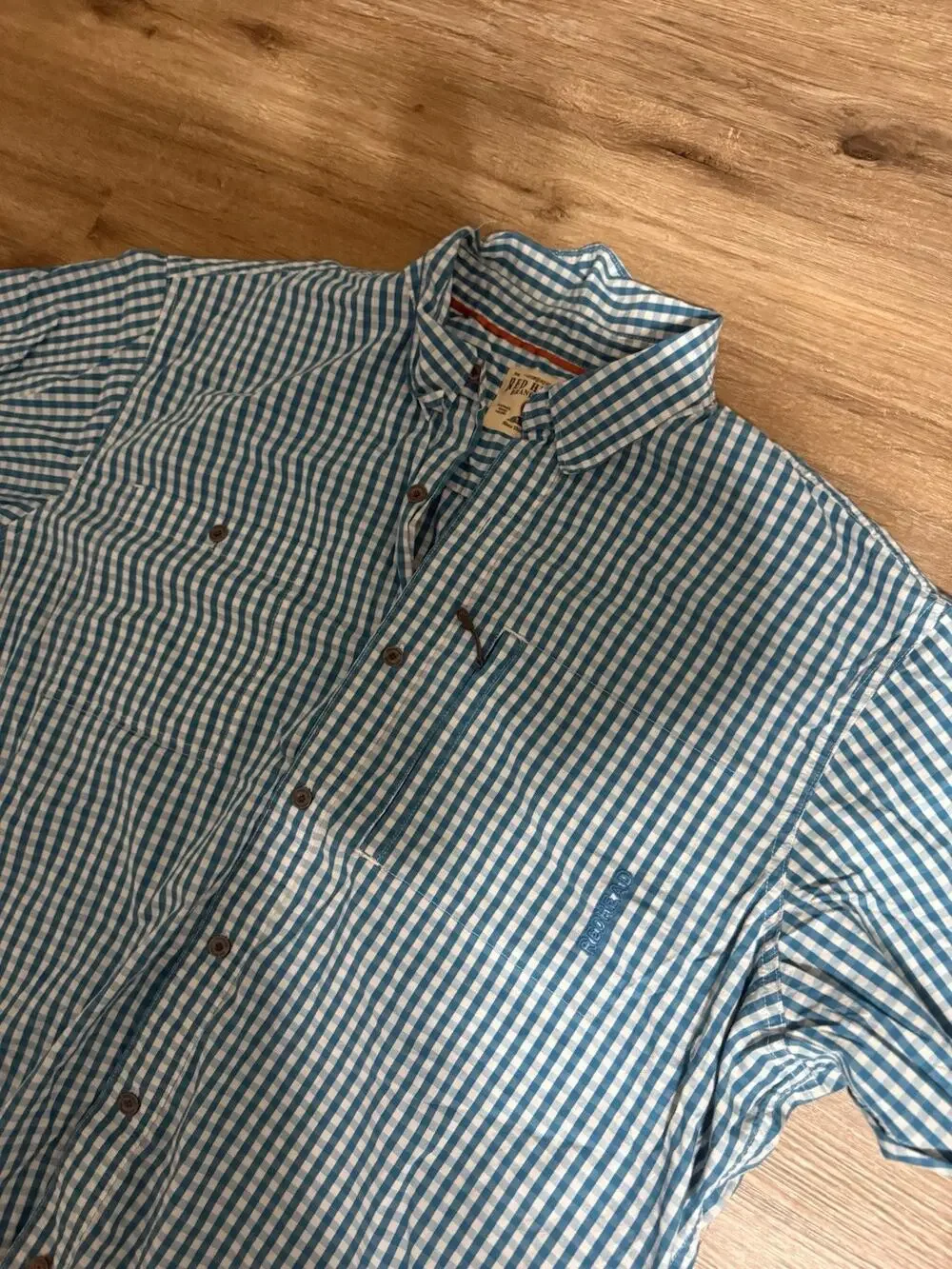 RedHead Men's 2XL Gingham Fishing Shirt Short Sleeve Blue White Vented Zipper